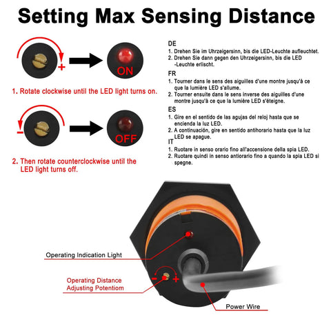 Diagram showing operation of SZC M30 Capacitive Proximity Sensor Switch with orange housing and adjustment instructions.