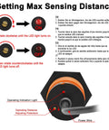 Diagram of Capacitive Proximity Sensor Switch M30 1-20mm Detecting Range with instructions for setting max sensing distance in various languages.