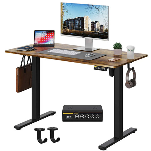 Electric Standing Desk 40 By 24 Inch Sit Stand Desk With Memory Presets Adjustable Height From 28.3 To 46.5 Inches Splice Board Built In Hooks Ergonomic Home Office Gaming Workstation Brown with monitor and laptop setup