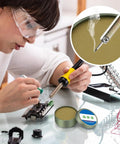 Person using No Clean Solder Flux Paste for electronics repairs, with close-up of application on PCB for precise soldering.