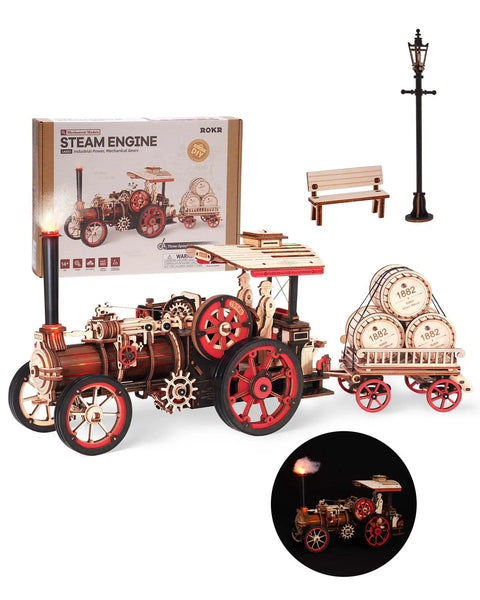 Electric Vintage Steam Engine 3D Puzzle Kit For Adults 469 Piece Mechanical Wooden Model with lamp and bench