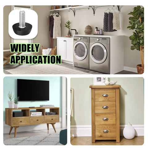 Heavy Duty 12 Pack Adjustable Furniture Levelers With M6 Thread Anti Wobble Feet in a laundry and living space setting.