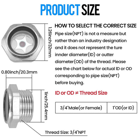 Three Quarter Inch NPT Air Compressor Oil Sight Glass With Durable Aluminum Alloy Body And Pro Grade Male Thread Liquid Level Gauge For Air Compressor Gearbox Tank 2 Pack For Pros, size chart and measurement diagram shown