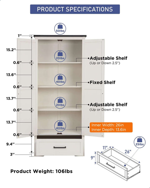 Product specifications for Farmhouse Pantry Cabinet 72 Inch Tall Wood Storage With Adjustable Shelves Barn Style Doors And Drawer