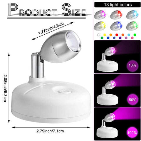 12 Pack Battery Operated LED Spotlight Set With 13 Color Modes Dimmable Indoor Uplights shown with color options and dimensions.