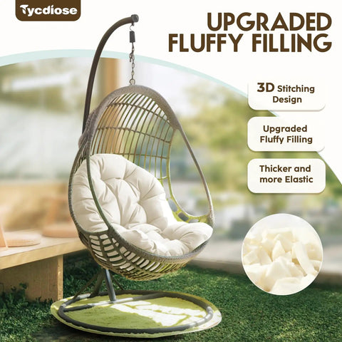 Waterproof Outdoor Egg Chair Cushion Replacement For Hanging Egg Chairs 47x33x7 Inches U Shaped Thick Pad Cream Mega Comfy Water Resistant Pad For Hammock Swing Chairs installed on an outdoor swing chair.