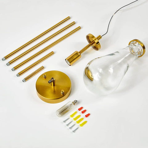 Components of Dope Gold Teardrop Pendant Light With Blown Glass Shade, Modern Hanging Ceiling Fixture For Kitchen Island And Dining Room.