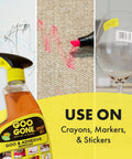 Adhesive Remover Gel Spray With Scraper 12 Oz for Glue, Stickers, Tape Residue shown on crayons, markers, and stickers on surfaces.