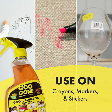 Adhesive Remover Gel Spray With Scraper 12 Oz for Glue, Stickers, Tape Residue shown on crayons, markers, and stickers on surfaces.