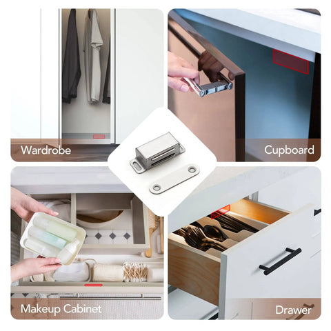 4 Pack Silver Magnetic Door Catch Set For Cabinets, Drawers And Cupboards, Brushed Satin Nickel Finish, shown in use on various furniture.
