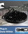 UFO LED High Bay Light 150W 19500LM Shop Lights With 6 Foot Plug 5000K IP65 installed with plug and play cord