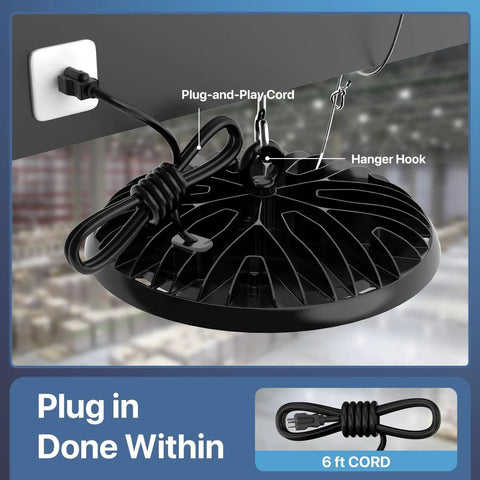 UFO LED High Bay Light 150W 19500LM Shop Lights With 6 Foot Plug 5000K IP65 installed with plug and play cord