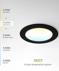 Six-Pack 4-Inch Recessed LED Canless Downlights showing 5 CCT 2700K–5000K, 12W Dimmable, Warm White setting on ceiling