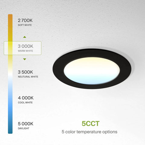 Six-Pack 4-Inch Recessed LED Canless Downlights showing 5 CCT 2700K–5000K, 12W Dimmable, Warm White setting on ceiling