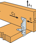 Illustration of Galvanized Framing Angle A35 for ninety degree wood joints showing installation between wood beams.