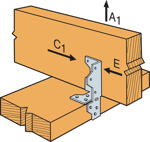 Illustration of Galvanized Framing Angle A35 for ninety degree wood joints showing installation between wood beams.