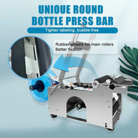 No Sweat Semi Automatic Round Bottle Labeler High Speed Applicator showing rubber wheels and press bar for tighter bubble-free labeling.