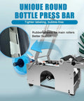 Image of No Sweat Manual Round Bottle Labeling Machine And Adjustable Label Applicator for small biz, featuring rubber wheels for better fixation.