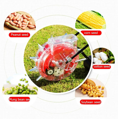 Manual Hand Seed Spreader And Fertilizer Applicator surrounded by seeds including corns, peanuts, soybeans, cotton, on grass