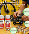 Pro Grade Mineral Oil Brake Fluid For Shimano Tektro TRP Hydraulic Brakes Two 60ml Bottles Road And Gravel Bikes High Performance Hydraulic Fluid For Smooth Shifts And Consistent Stopping Power, mechanic with brake parts and tools