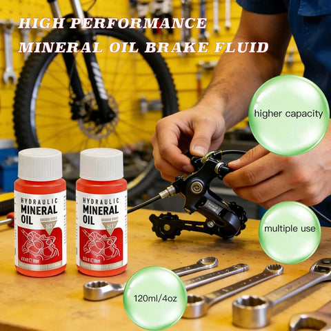 Pro Grade Mineral Oil Brake Fluid For Shimano Tektro TRP Hydraulic Brakes Two 60ml Bottles Road And Gravel Bikes High Performance Hydraulic Fluid For Smooth Shifts And Consistent Stopping Power, mechanic with brake parts and tools