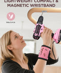 Woman using Pink Cordless Drill Kit With 220 Pieces 21V Power Drill And Tool Set For Women Includes Magnetic Wristband Screwdriver Set Socket Kit Carry Bag And More For DIY Home Projects, lightweight tool with magnetic wristband for home projects.