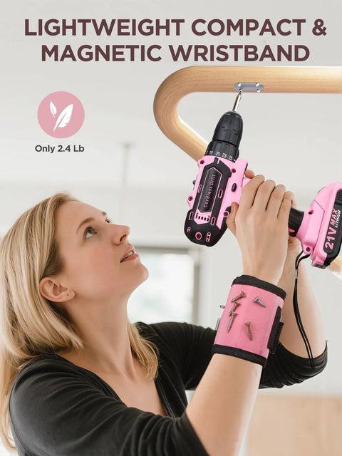Woman using Pink Cordless Drill Kit With 220 Pieces 21V Power Drill And Tool Set For Women Includes Magnetic Wristband Screwdriver Set Socket Kit Carry Bag And More For DIY Home Projects, lightweight tool with magnetic wristband for home projects.