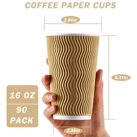 Hand holding one of the 90 Pack 16 Oz Disposable Coffee Cups No Lids Insulated Ripple Wall Champagne Corrugated Paper Cups