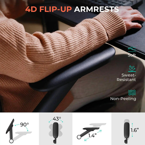 Close-up of 4D flip-up armrests on ergonomic mesh office chair with adjustable lumbar support high back 400 lbs capacity.