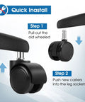 Quick installation for heavy duty office chair caster wheels, step-by-step guide showing removal and replacement process.