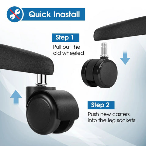 Quick installation for heavy duty office chair caster wheels, step-by-step guide showing removal and replacement process.