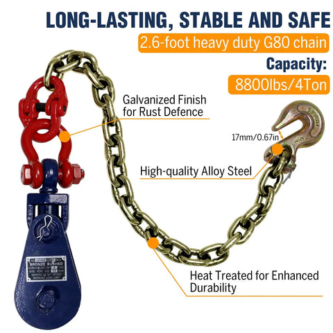 Beefed Up Heavy Duty 4 Ton Snatch Block With Chain For Tow Trucks And Recovery, 4.5 Inch Sheave For One Half Inch Wire Rope, Swivel Shackle, Snatch Block Pulley For Towing And Car Carrier Applications, galvanized chain and shackle