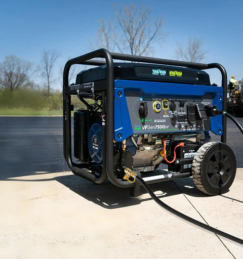 Portable blue emergency generator on wheels with handle, cable plugged in, situated on outdoor pavement, clear sky backdrop.