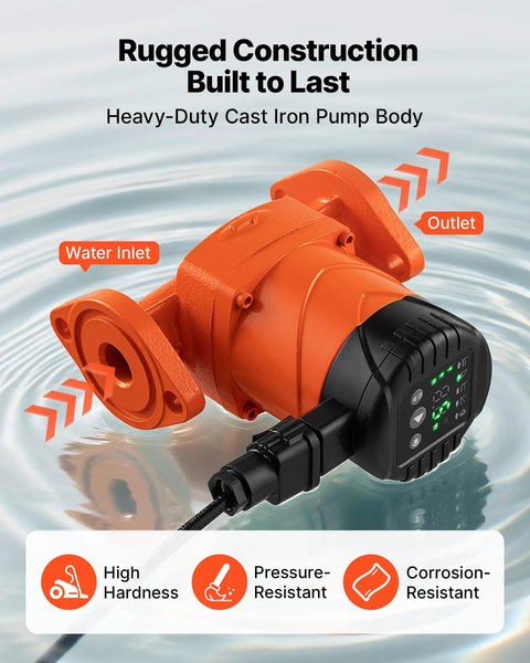 Top Shelf Cast Iron Hot Water Recirculation Pump with water inlet, heavy-duty construction, and digital controls.