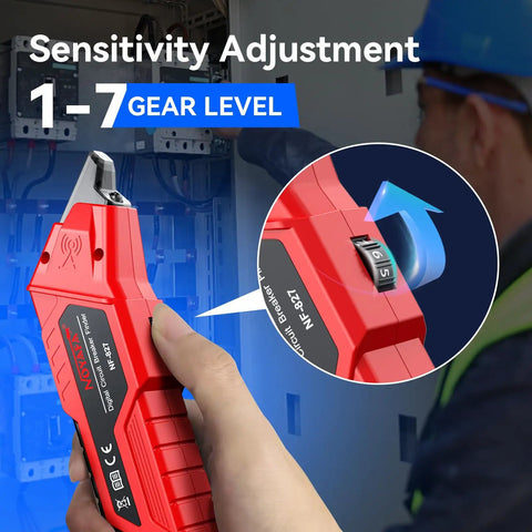 Circuit Breaker Finder Kit With GFCI Outlet Tester And 3 Accessories showing sensitivity adjustment from 1 to 7 gear levels.