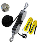 Rope Hoist Pulley System With Metal Bearing 4400lb Block And Tackle 8 To 1 Lift 65ft Heavy Duty With 2 Straps shown with components