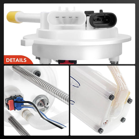 Electric Fuel Pump Module Assembly For Chevy And GMC Pickups Fits Silverado 1500 2500 3500 And Sierra 1500 2500 3500 1999-2004 With 4.3L 4.8L 5.3L 6.0L 8.1L Engines Includes Two Connectors And Three Tube Ports Heavy Duty Plug And Play Easy Install, showing top view and detail connectors