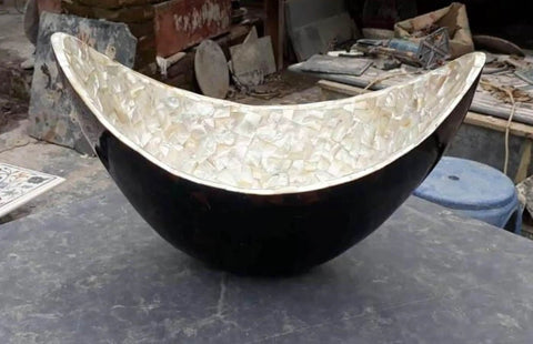 Slick Black 20 Inch Legit Marble Vessel Sink With Mother Of Pearl Overlay, glossy finish, modern washbasin view.