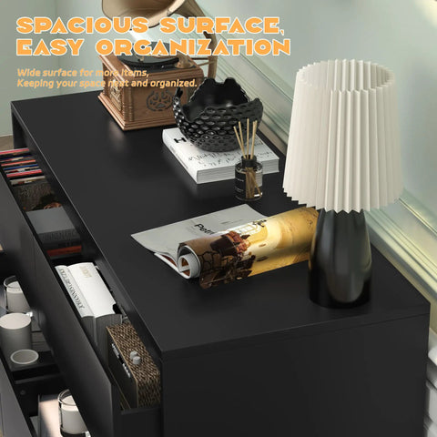 Top view of Black Modern 3 Drawer Dresser For Bedroom And Living Room with decorative items on the spacious surface