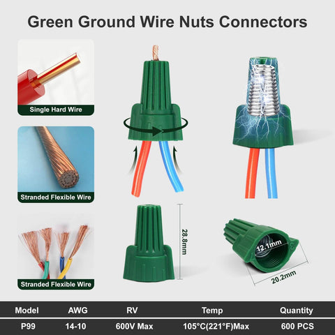 Winged Ground Wire Nuts With Hole For Easy Twist On Green Wire Caps 14-10 AWG Positive Grounding Connectors Pack Of 600