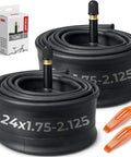 Two 24 Inch Bike Inner Tubes Twin Pack 24x1.75 1.95 2.10 2.125 Butyl With 35mm Schrader Valve, boxed packaging, and tire levers.