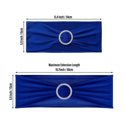 Royal Blue Spandex Chair Sashes Set Of 30 With Buckle Slider Universal Elastic Bands dimensions shown for Wedding Decor