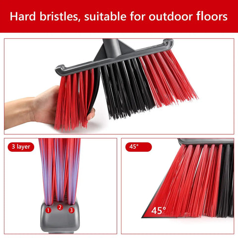 Heavy Duty Long Handle Outdoor Broom 62 Inch For Tough Yard Work And Garage Cleanup Hard Bristle Sweep Brush with hard bristles.