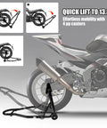 Side view of Universal Front Combo Wheel Fork Paddock Stand Lift For Motorcycles, Fits Sport Bikes Like Yamaha Honda Kawasaki Suzuki Ducati, Durable Iron Construction With Black Powder Coat For Stable Lifts next to a sport bike.