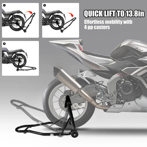 Side view of Universal Front Combo Wheel Fork Paddock Stand Lift For Motorcycles, Fits Sport Bikes Like Yamaha Honda Kawasaki Suzuki Ducati, Durable Iron Construction With Black Powder Coat For Stable Lifts next to a sport bike.