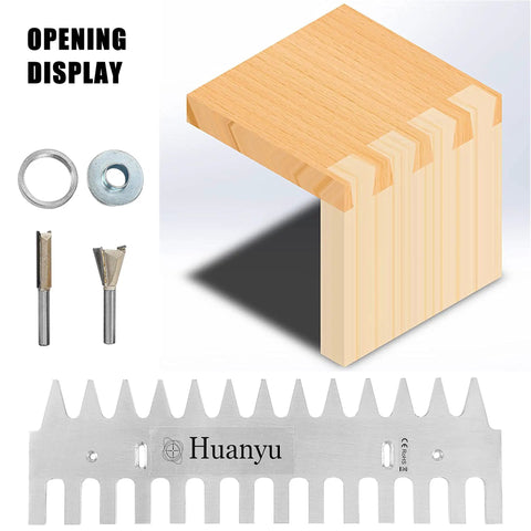 Heavy Duty Dovetail Template Kit With Solid 1/4 Inch Shank Bit And 15/16 Inch Guide Bushing Set shown with routing bits and template.