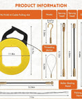Heavy Duty 164 Foot Fiberglass Fish Tape Cable Puller Kit Featuring A Spring Drum Reel And Non Conductive Core That Routes Electrical Wire No Sweat Through Conduit, components and dimensions displayed.