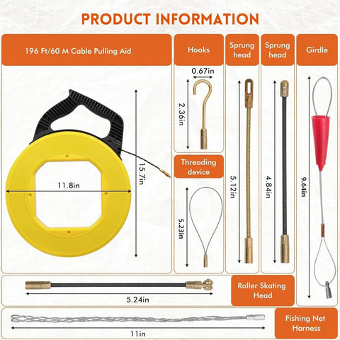 Heavy Duty 164 Foot Fiberglass Fish Tape Cable Puller Kit Featuring A Spring Drum Reel And Non Conductive Core That Routes Electrical Wire No Sweat Through Conduit, components and dimensions displayed.