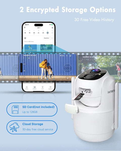 Wireless Outdoor Security Camera With 360 Degree PTZ Battery Powered And No Wires Color Night Vision PIR Motion Detection shown with phone app and SD card.