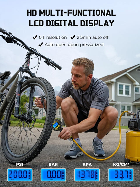 Man using Universal Presta And Schrader Valve Adapter With 200 PSI Pressure Gauge Dual Port Inflator Hose on bicycle tire